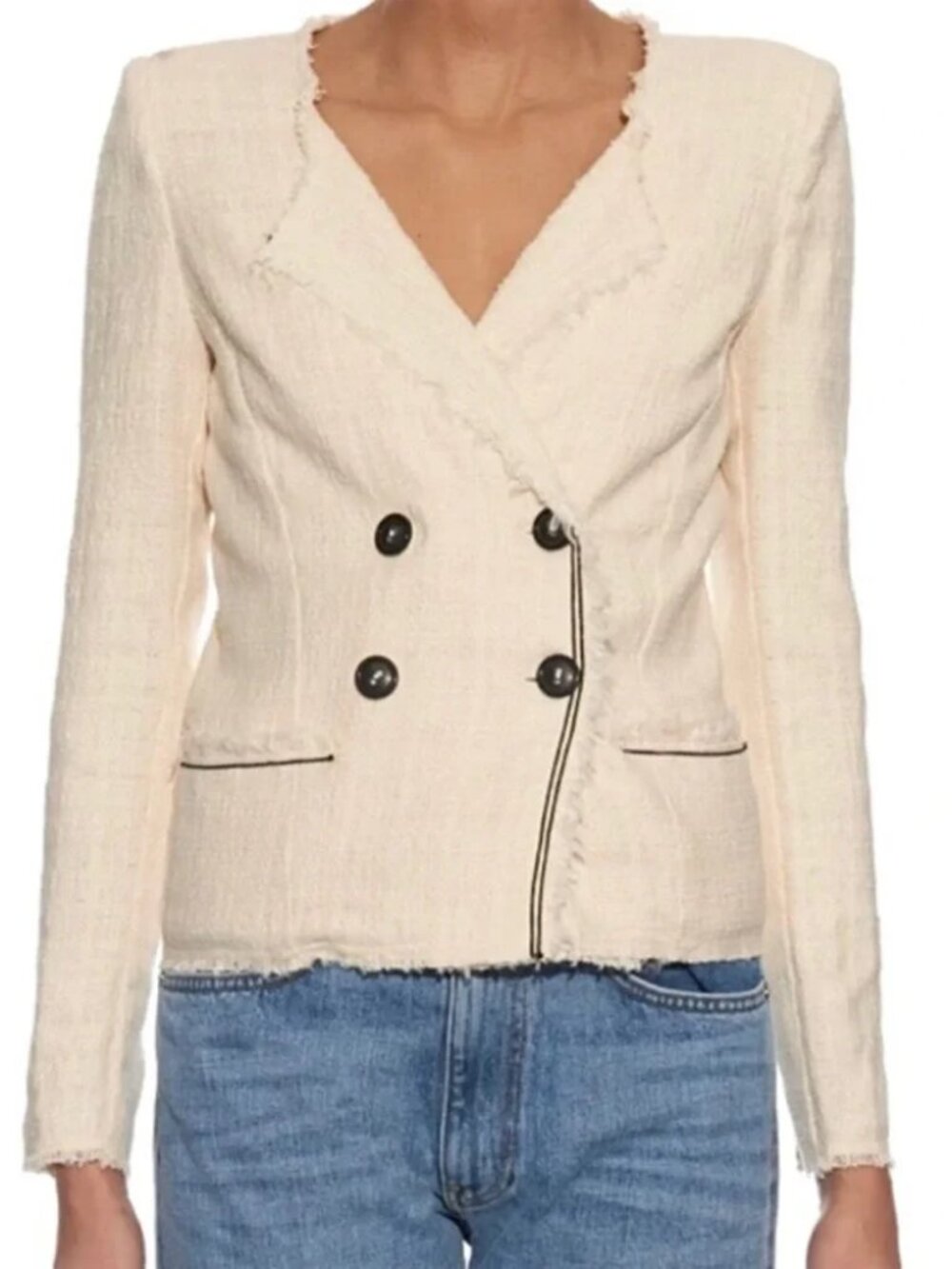 Isabel Marant Etoile Flenn Jacket Blazer Cotton Tweed V Neck Frayed Cream Size 6
